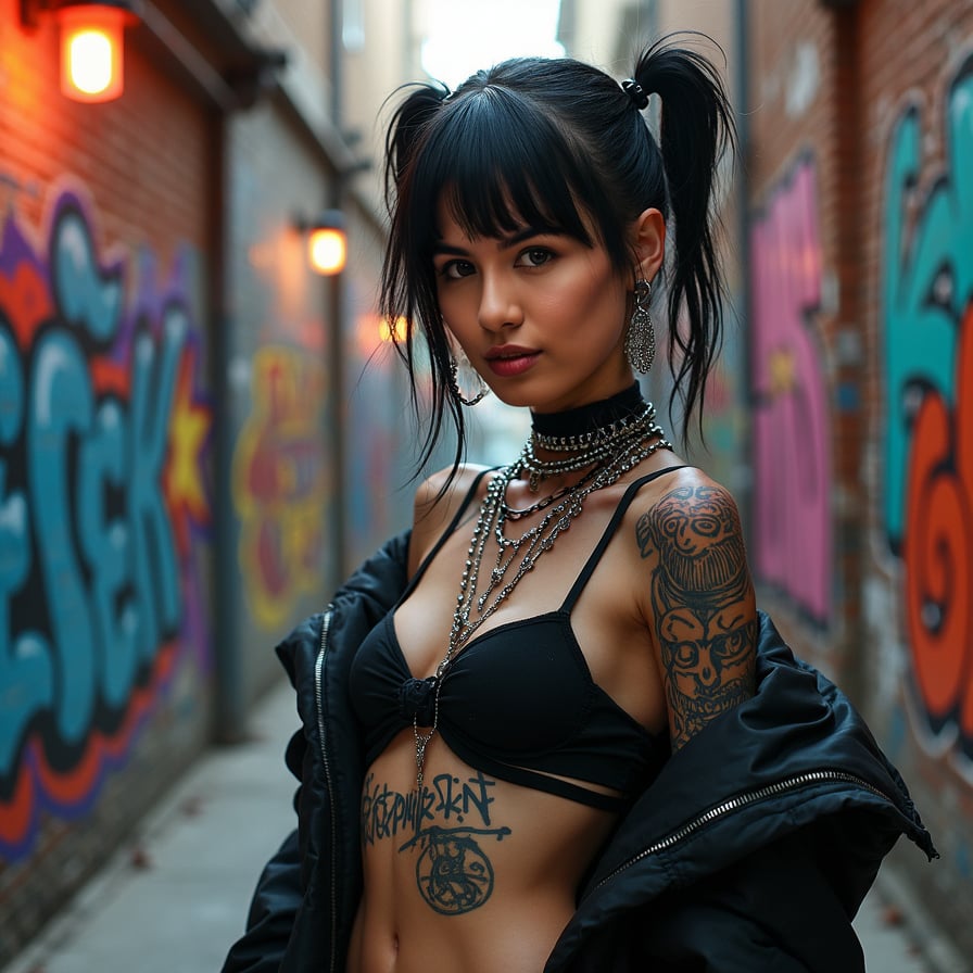 Punk style woman, graffiti alley, intricate details, noir vibe.