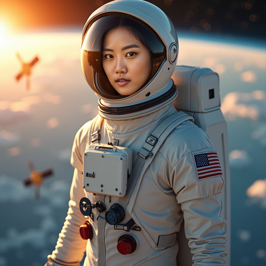 Heroic astronaut, white suit, Earth’s orbit backdrop, reflective visor.