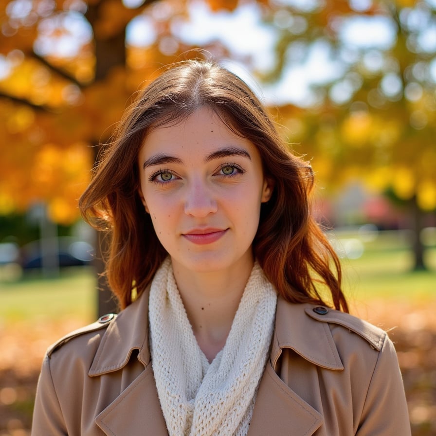 Highly detailed, highly realistic, hyperrealistic HDR close-up portrait of a woman (female, ~27 yrs) standing outdoors during late afternoon golden hour. Camera head-and-shoulders, focus tight on face, background blurred into soft amber foliage. She wears a light tan trench coat with collar folded open and a cream knit scarf wrapped loosely around her neck. Her hair is chestnut brown, soft waves catching the sun. The light creates warm rim highlights and soft bokeh flares around her silhouette. Skin texture visible with faint freckles and rosy undertones. Expression calm, gentle smile. Background purely color field of gold and rust tones — no clutter. HDR, high resolution, high quality, highly detailed, photorealistic.