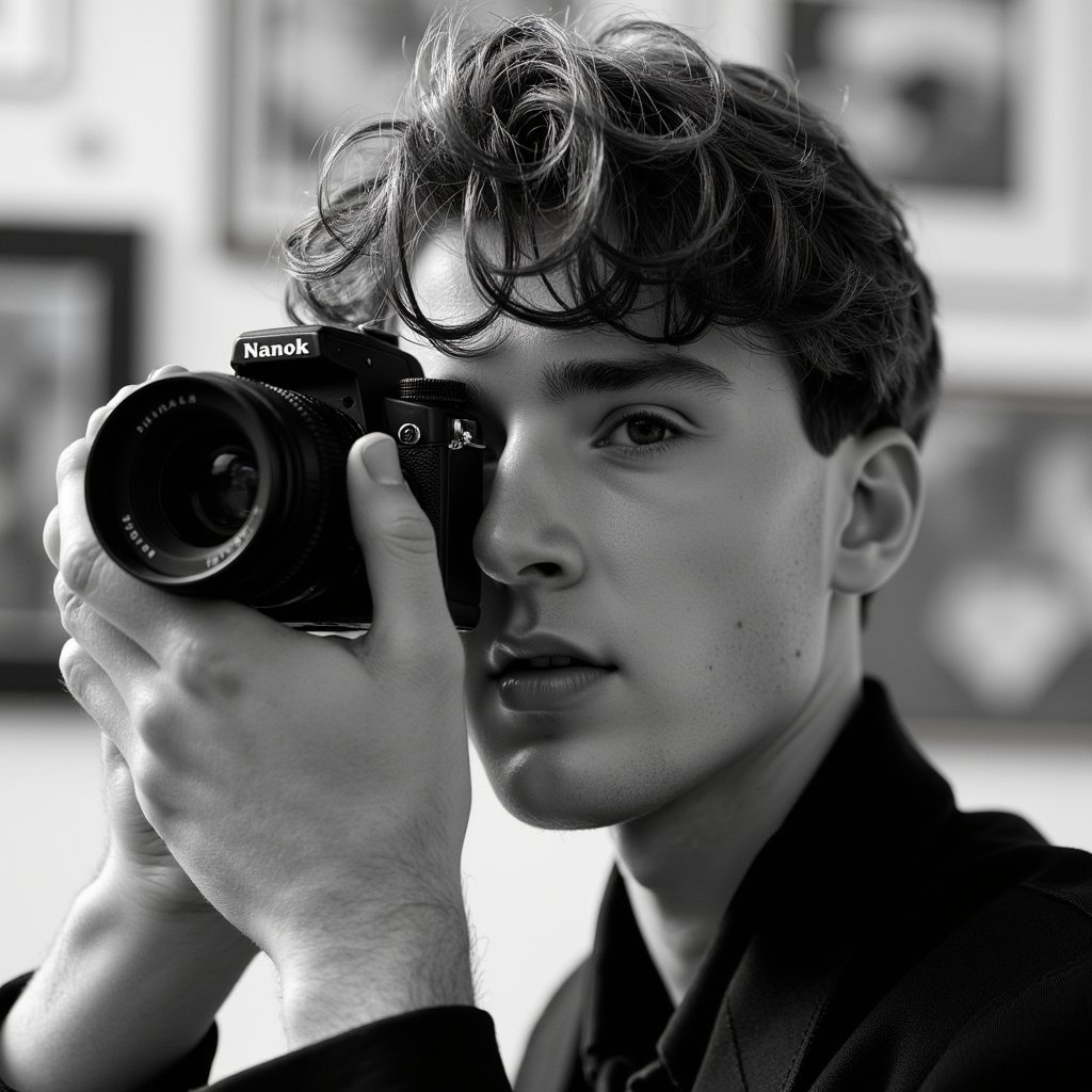 Classic black and white headshot of a focused photographer peering through the viewfinder, timeless expression, elegant lighting, World Photography Day concept