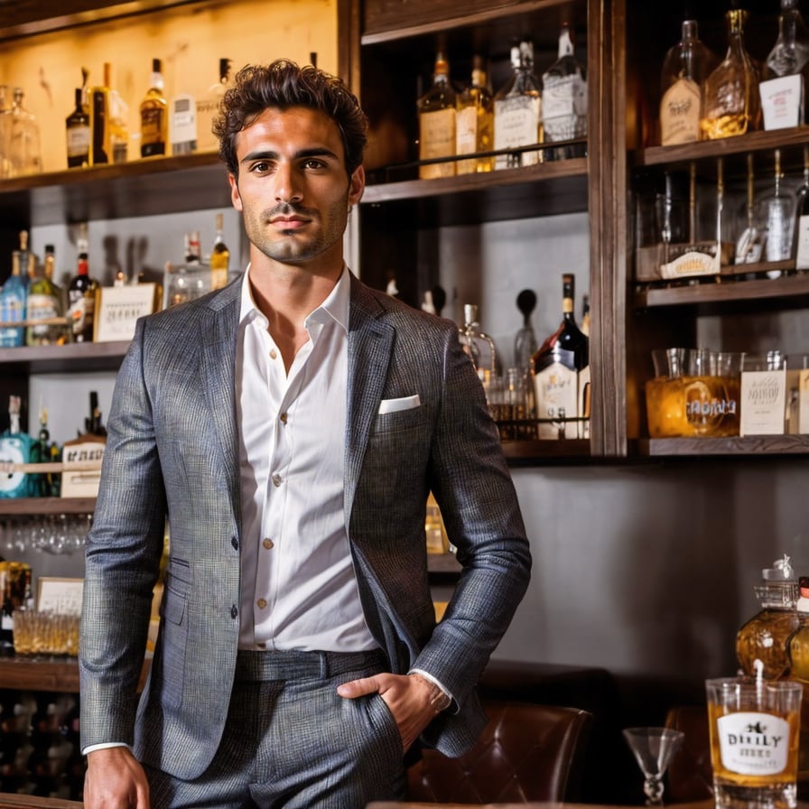 Handsome man in dark bar, seductive smile, party atmosphere.