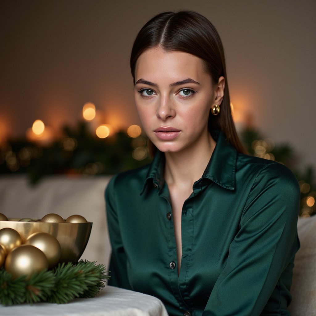 Head-and-shoulders portrait of a woman sitting beside a gold ornament bowl (blurred foreground), body angled slightly right, eyes softly toward camera. She wears a deep emerald satin blouse with shimmering highlights and thin gold hoop earrings. Hair: smooth, sleek low ponytail with center part. Makeup: warm metallic eyeshadow, soft wing liner, glossy nude lips. Lighting: warm holiday candlelight as fill plus a soft key softbox from the left; satin fabric catches specular highlights beautifully. Background: matte taupe wall with a subtle gold garland blurred; minimal clutter. Camera: 50mm f/1.4 with foreground bokeh; highly detailed, highly realistic, HDR, revealing satin folds and skin texture with precision.