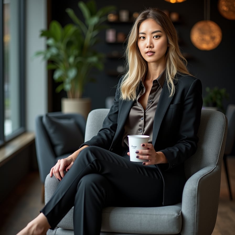 A professional woman sitting in a modern office lounge, wearing a smart casual outfit: a blazer over a silk blouse and fitted trousers. She holds a coffee cup in one hand, smiling warmly at the camera while crossing her legs elegantly