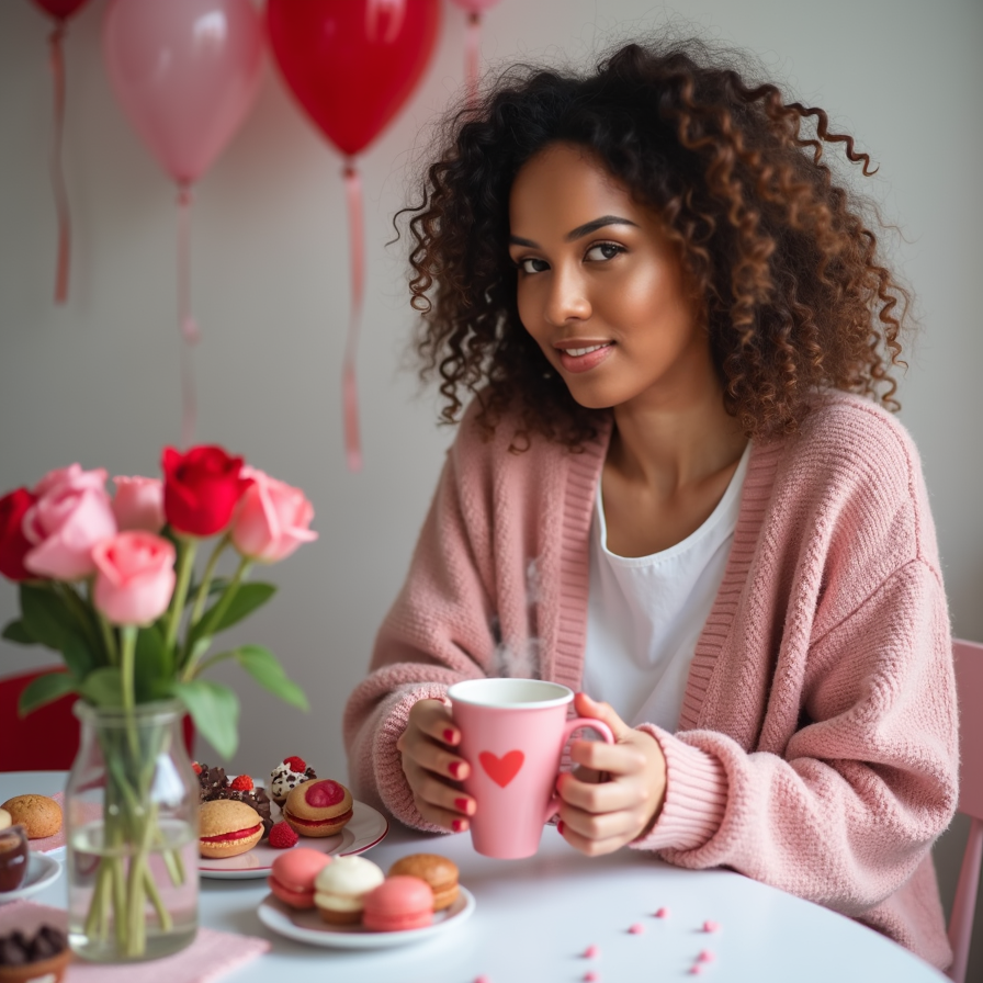 A model wearing a soft pink cardigan, sitting at a table adorned with Valentine'