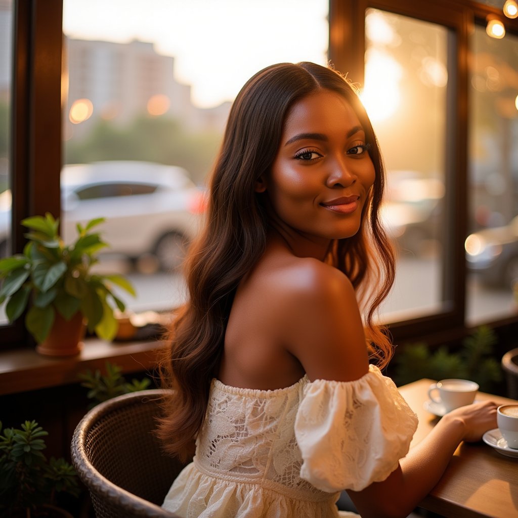 woman with long, flowing brunette hair, illuminated by the golden hour sunlight, wearing a delicate, off-the-shoulder lace top in a soft cream color. Her face is adorned with a touch of natural foundation, peach lipstick, and light mascara, with warm highlights dancing on her cheekbones, emphasizing a soft, serene expression and a gentle glimmer in her eyes. The background is a beautifully blurred cityscape, bathed in the rich, warm hues of dusk, with visible skin texture and individual hair strands adding to the photorealistic detail.