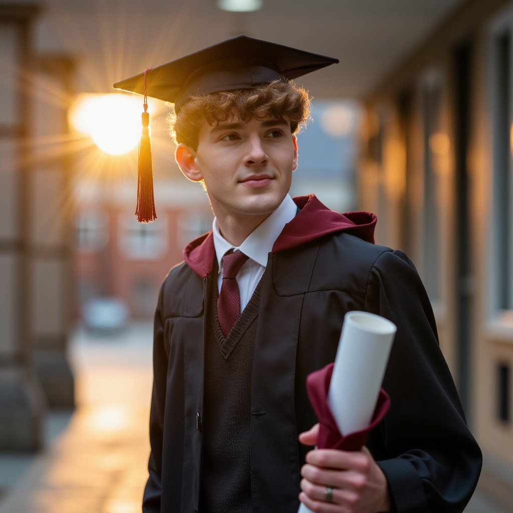 Waist-up composition of a man graduate walking slowly down a university hallway, looking back over his shoulder slightly; expression calm, reflective; wearing black gown, burgundy hood, tie visible under open gown front; camera at hip height behind him, focus on his face turned backward; 35 mm lens, f/2.8; lighting: backlit hallway with cool ambient tones and warm window streaks across the floor; background softly blurred for cinematic depth; visible creases in gown, edge highlights on shoulders, accurate shadow fall; tonal contrast refined, highly detailed, highly realistic, HDR aesthetic.
