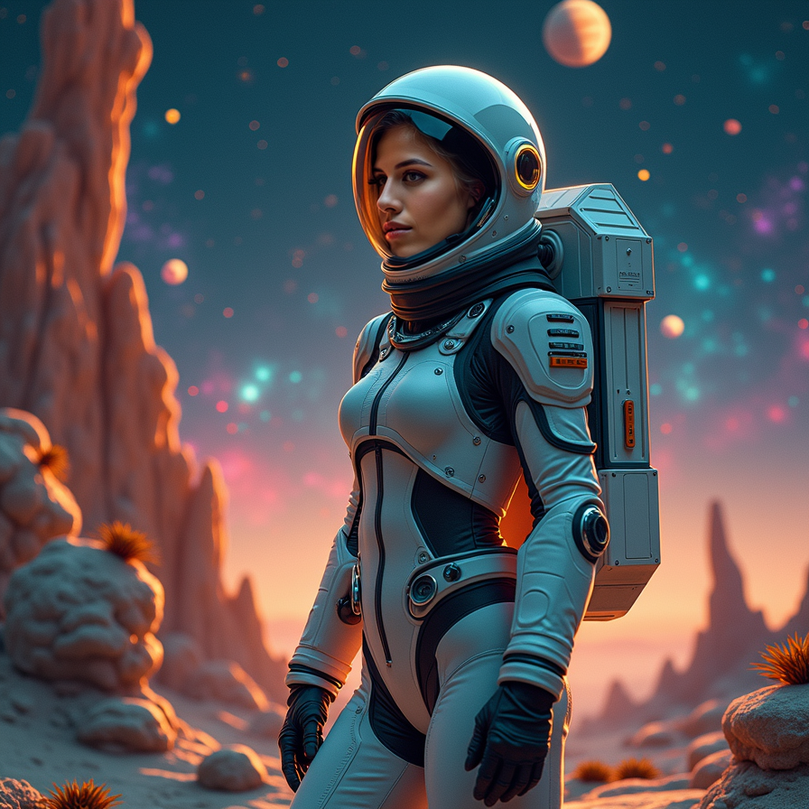 A woman stands in an alien landscape, facing the camera with a serene yet determ
