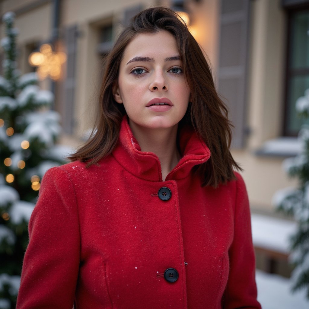 Waist-up outdoor portrait of a woman wearing a vivid red wool coat with a structured collar and black buttons; coat texture visible in crisp detail. She stands slightly turned away from the lens, looking gently back with a soft expression, still pose.
Hair: loose, soft curls with snowflakes resting naturally on the strands.
Makeup: natural glam—soft brown eyeliner, rosy cheeks, satin neutral lips.
Lighting: bright overcast snow-reflected light creating soft, even illumination; subtle highlights on coat fibers.
Background: blurred snowy evergreens with tiny golden fairy lights; minimal clutter.
Camera: 85mm f/2, eye-level; highly detailed, highly realistic, HDR, snowflakes, coat fibers, and eye reflections rendered sharply.