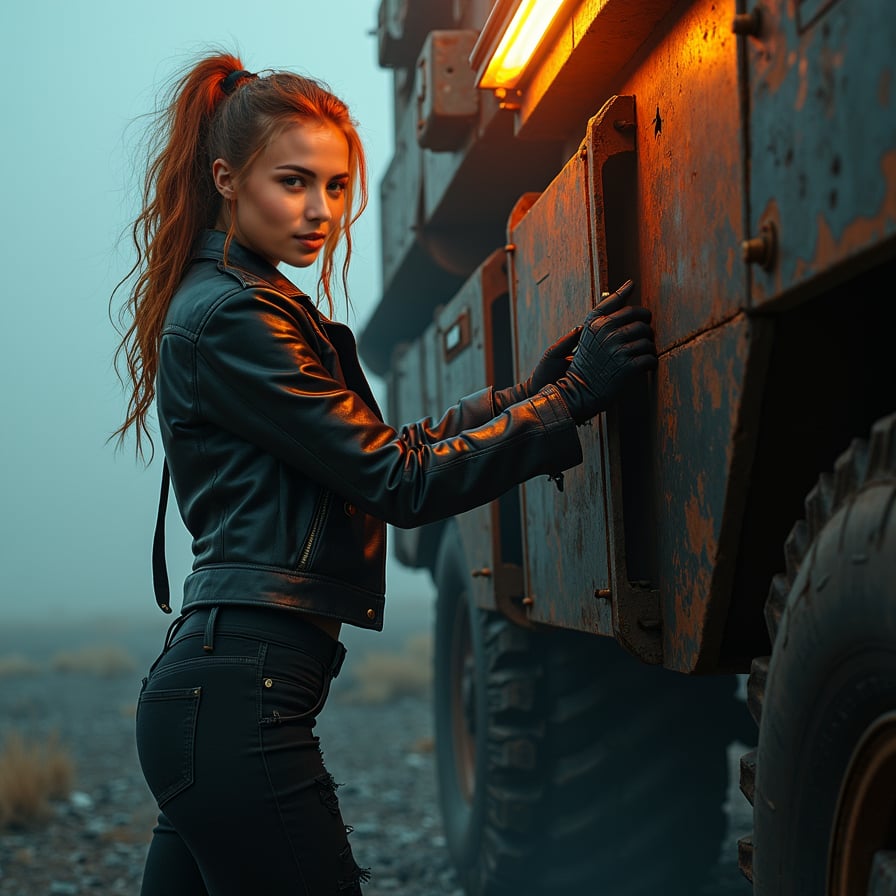 woman in distressed black leather jacket and skinny high-waist ripped jeans, wild fiery mane, intense gaze, grasping control of massive mechanical vehicle DISRUPTOR, ominous foggy post-apocalyptic wasteland backdrop, intense dramatic lighting, dark industrial hues, right-sided framing, low-angle shot, moody night shadows, highlights on DISRUPTOR's metallic surfaces, cinematic composition.