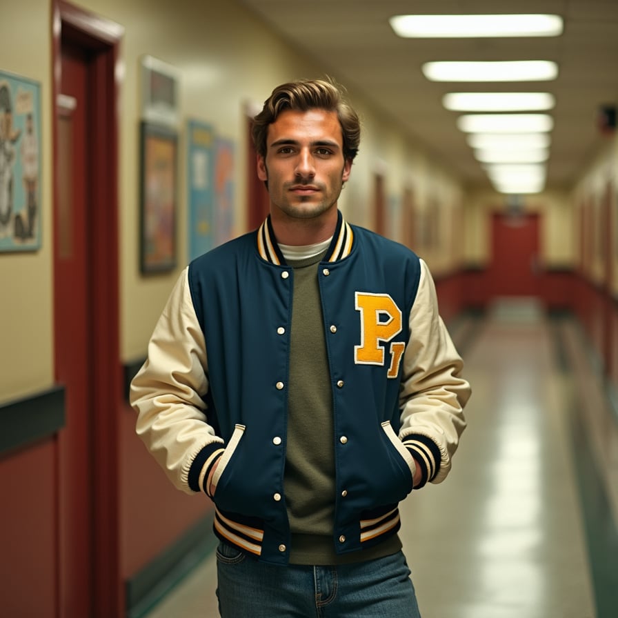 Nostalgic smile, vintage letterman jacket, warm 1960s high school vibe.