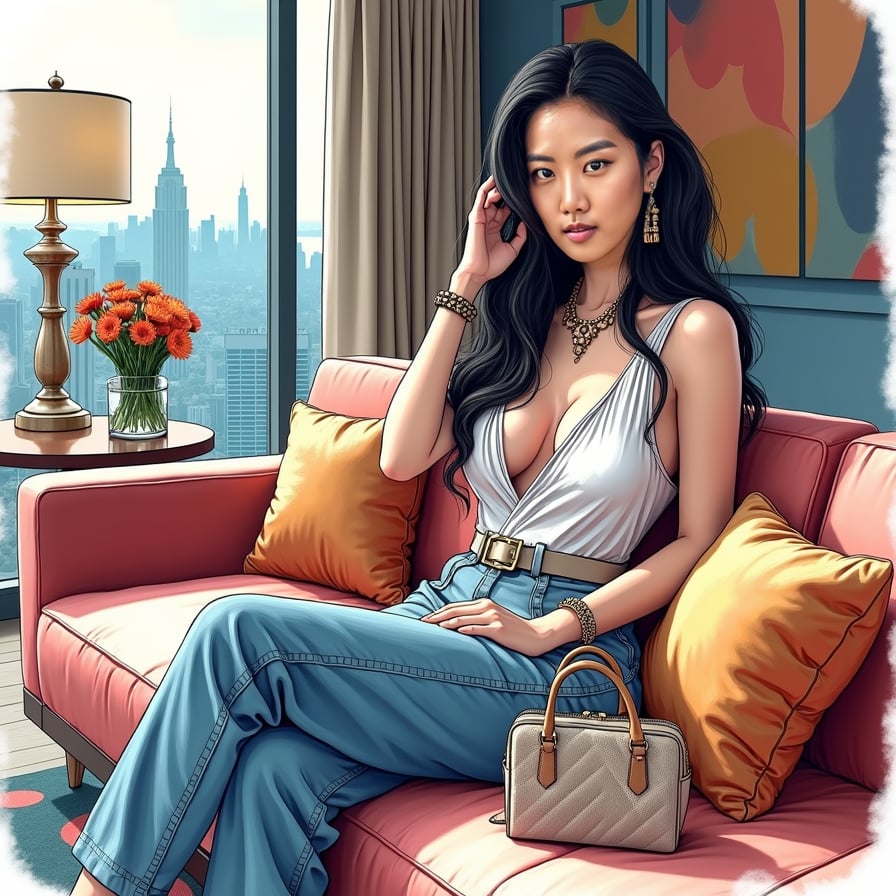 girl in luxurious attire, adorned with expensive jewelry and designer handbag, lounging on a plush couch in a modern, upscale living room, surrounded by lavish decorations and opulent furniture, with a city skyline view in the background