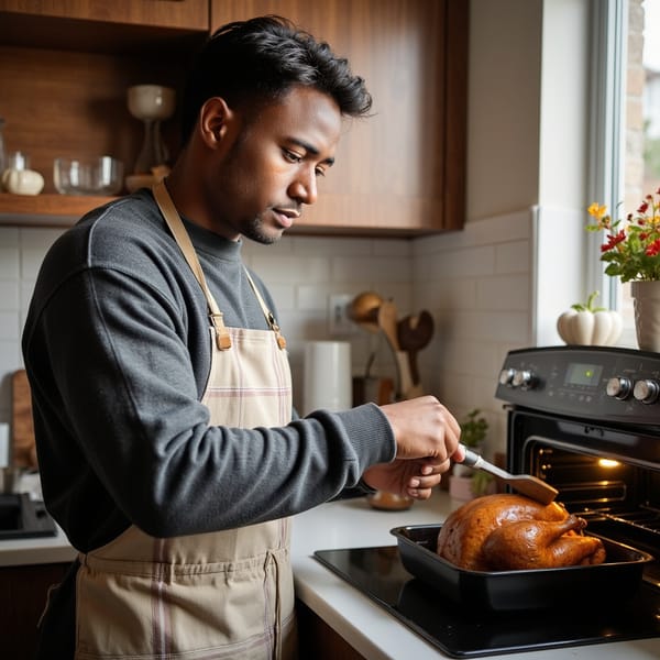 Hyperrealistic, highly detailed HDR waist-up portrait of a man (male, ~33 yrs) standing at a modern kitchen counter, gently basting a turkey in the oven. He wears a grey crewneck sweater with a light plaid apron. Hair slightly tousled, soft daylight from a nearby window outlining his silhouette. Camera slightly to the right (~30°), capturing his concentration and the gentle warmth of the scene. Background softly blurred — hint of family figures chatting in distance, out of focus autumn leaves outside the window. Realistic highlights on oven glass, reflections on metal handles, visible steam, and fabric texture. Cozy and authentic Thanksgiving preparation mood. HDR, high resolution, high quality, highly detailed, photorealistic.