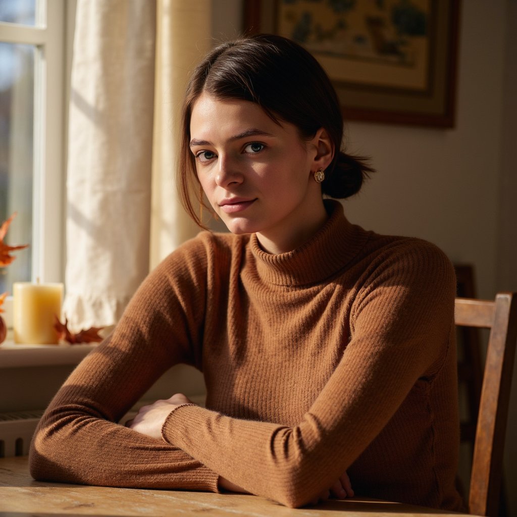 Highly detailed, highly realistic, hyperrealistic HDR portrait of a woman (female, 35 yrs old) seated waist-up at a rustic wooden table in a softly sunlit home. She wears a cozy cinnamon-brown ribbed turtleneck sweater with visible knit texture and faint folds at the elbows. Her hair is tied in a loose low bun with fine strands falling along her cheeks. Camera positioned slightly above eye level (~10° down), focus on her calm, thoughtful expression as she gazes slightly away from the lens. Natural daylight filters through linen curtains, creating warm highlights on her cheekbones and a soft glow on her skin. The background is softly blurred — showing only vague shapes of a candle and autumn leaves, no clutter. Wood grain, skin pores, and fabric texture visible in high detail. Warm tone, tranquil Thanksgiving atmosphere. HDR, high resolution, high quality, highly detailed.