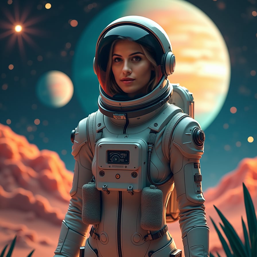 A woman stands in an alien landscape, facing the camera with a serene yet determined expression. She wears a sleek, advanced space suit, and behind her, exotic alien plants and glowing rocks dot the ground. The sky above is filled with planets, colorful nebulae, and distant stars, adding a mystical touch
