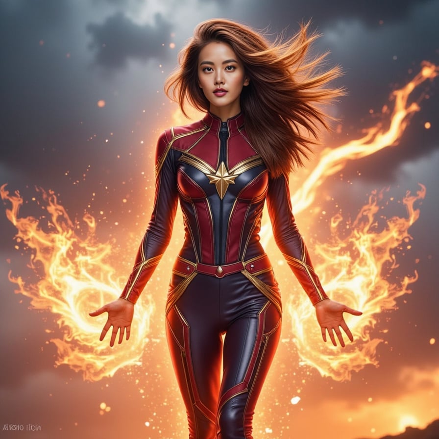 Confident woman superhero, inspired by Scarlet Witch and Captain Marvel, levitating mid-air with neon energy swirls, wearing a glowing suit of woven metal and fabric, stormy skies, battle aura, epic movie still