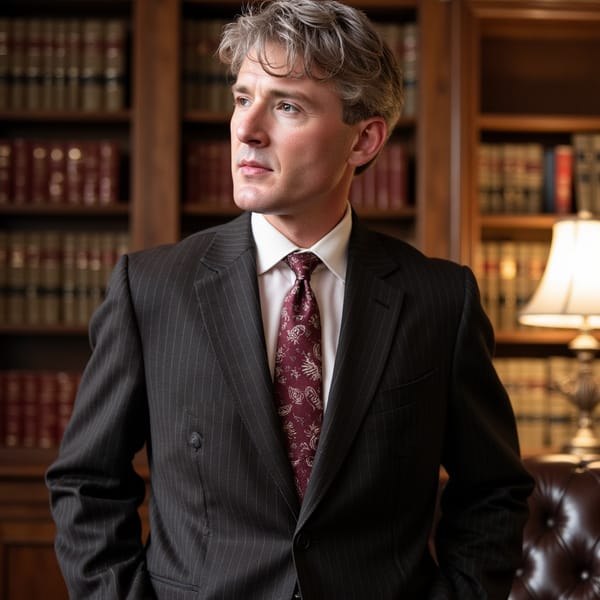 Three-quarter standing shot, 35 mm f/2.8. Man in early 60s, medium skin, silver hair in side part. Dark brown pinstripe suit, cream shirt, paisley tie. One hand in pocket, other resting on back of leather chair. Lighting: warm from desk lamp with window fill. Background: blurred shelves of leather-bound books.