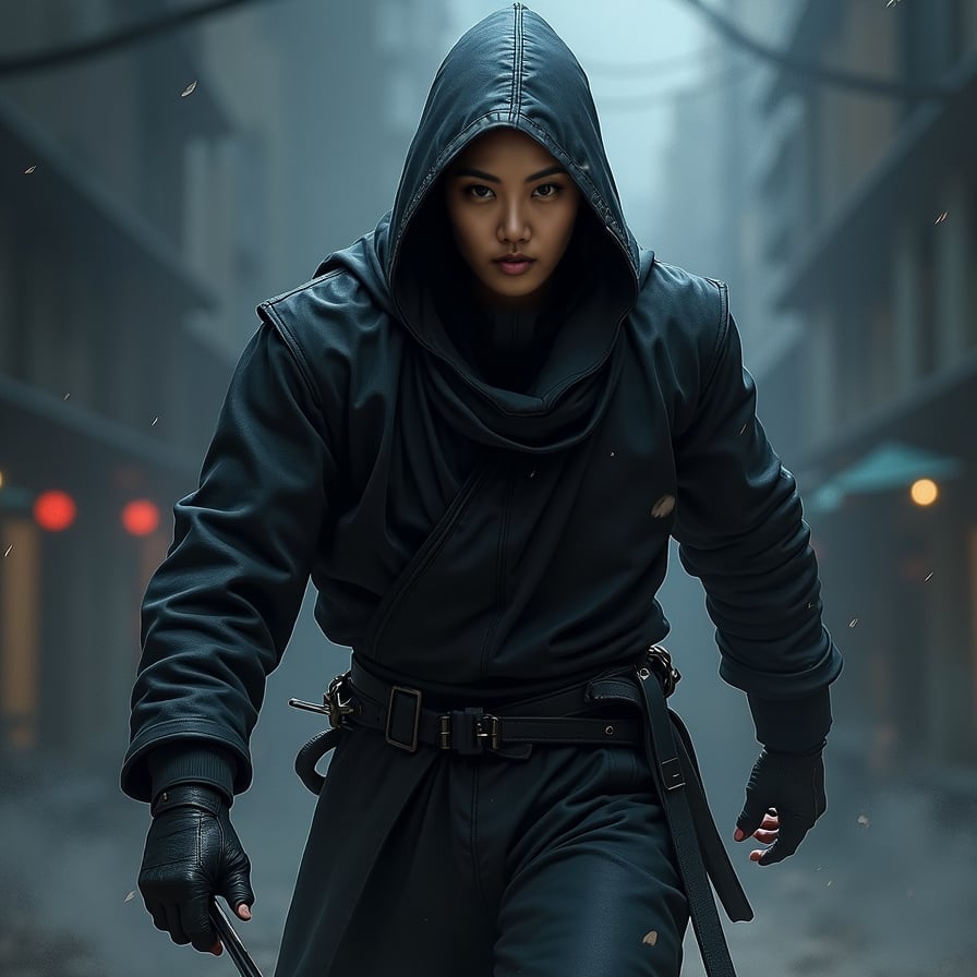 Ninja woman, stealthy movements, shadows, detailed, realistic.