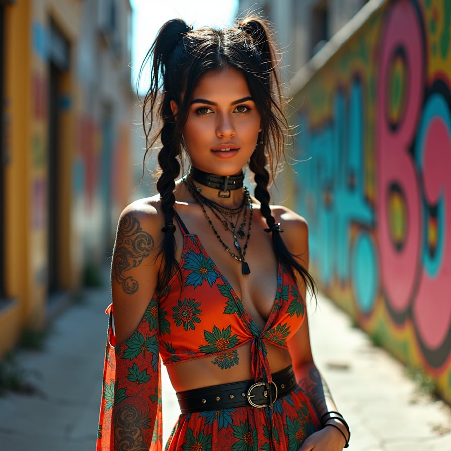woman in a vibrant, eclectic street style dress with bold prints and bright colors, statement accessories, posing confidently against a gritty urban backdrop with graffiti-covered walls and trendy street art.