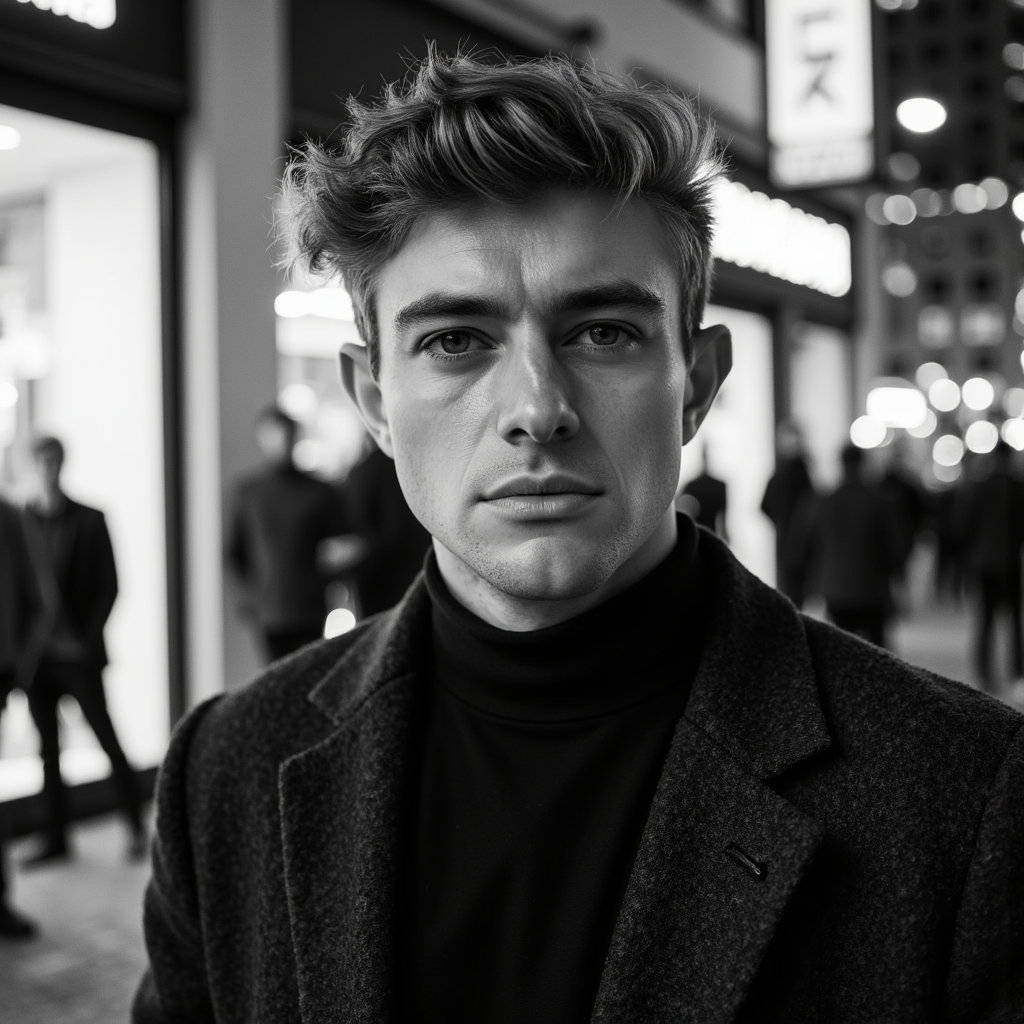 A man (male) close headshot in monochrome grayscale, evoking luxury fashion camp