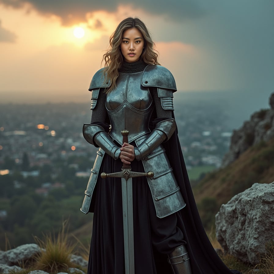 A woman dressed in medieval armor stands on a rocky hilltop, with storm clouds gathering behind her. She faces the camera with a fierce and resolute expression, holding a large sword planted in the ground in front of her. Her armor glints in the fading light of the day, and behind her, a vast battlefield stretches into the horizon. The atmosphere is epic, with a sense of an impending battle, captured in a grand, sweeping cinematic style.