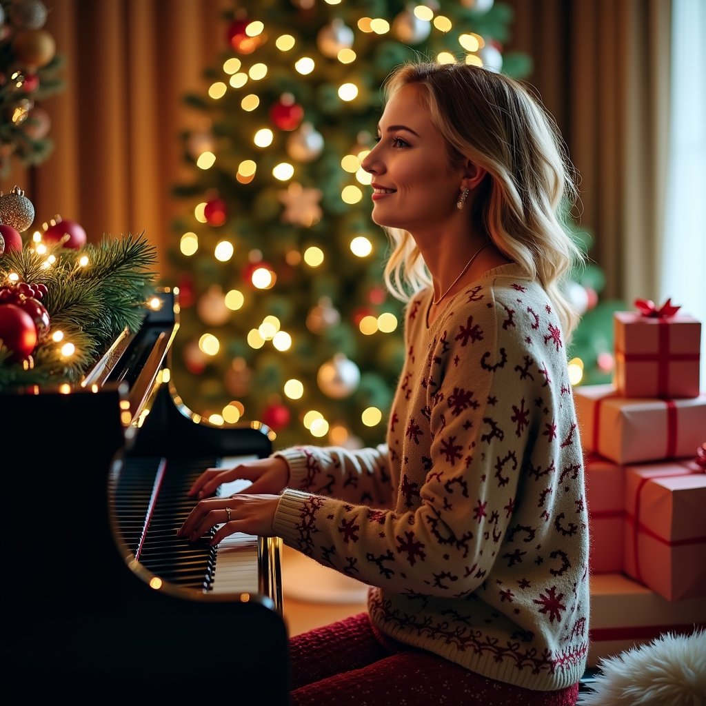 woman in a festive holiday sweater, sitting at a grand piano, surrounded by twinkling Christmas lights and decorations, playing Christmas music with a joyful expression, in a cozy living room setting with a Christmas tree in the background.
