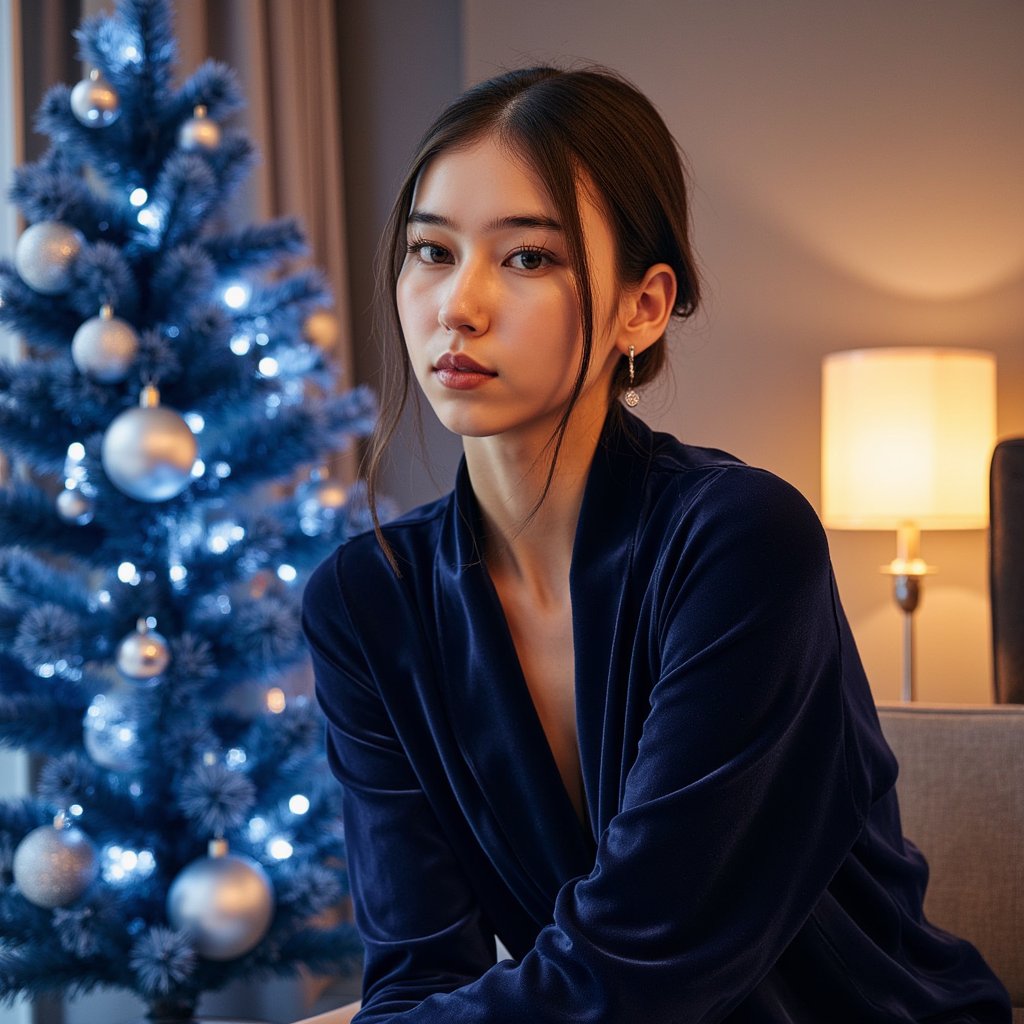Tight headshot of a woman seated beside a softly glowing midnight-blue Christmas tree. Her body is angled slightly left, chin delicately raised, gaze directly to lens with a calm, graceful expression. She wears a navy velvet wrap top with visible velvet pile and a thin diamond drop earring on each ear.
Hair: smooth side-parted low bun with sleek shine.
Makeup: soft charcoal eyeliner, diffused cool-toned shadow, muted mauve lips, subtle highlight on cheekbones.
Lighting: cool LED fairy-light key from tree (camera-right), balanced with a warm fill from a dim lamp. A faint rim light outlines her hair.
Background: dark blue tree with silver ornaments in creamy bokeh; minimal clutter, shallow DOF.
Camera: 100mm macro portrait, f/2.8; highly detailed, highly realistic, HDR — velvet fibers, diamond glints, and natural skin texture rendered with clarity.