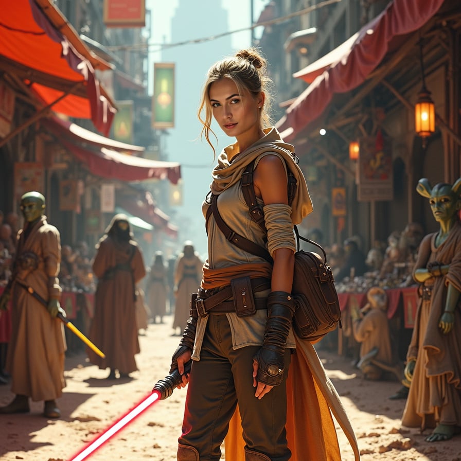 A female scavenger or trader stands in the middle of a bustling alien market, facing the camera with a confident, no-nonsense expression. She holds her bag or equipment tightly, surrounded by vibrant stalls, aliens, and artifacts.