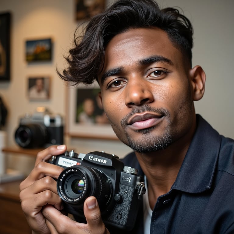 Portrait of a documentary-style photographer holding a camera with both hands, w