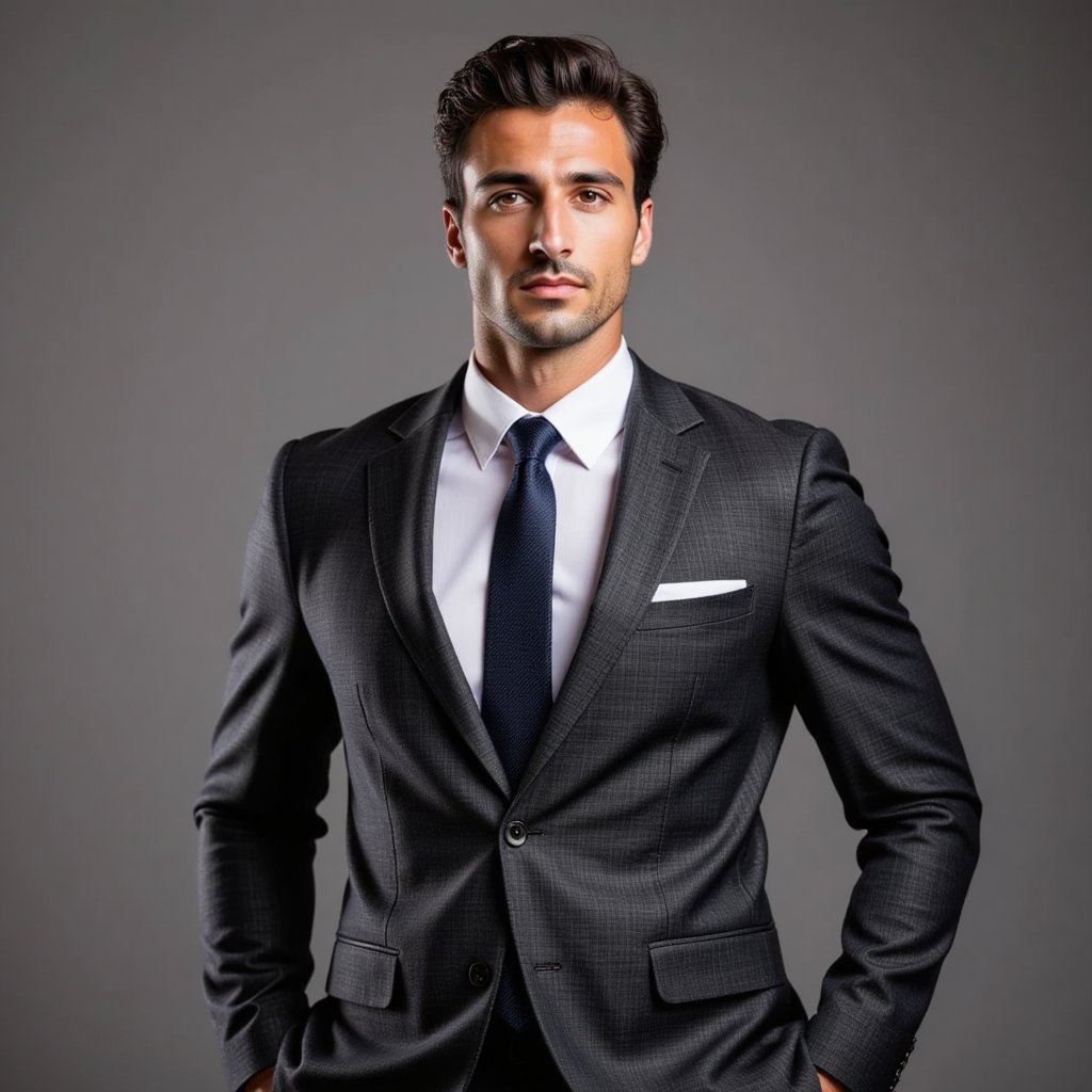 Confident man in suit, city backdrop, professional, bokeh.