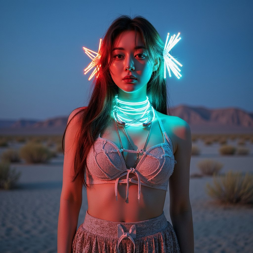 Portrait of a woman wearing luminous fiber-optic strands in her hair, glowing softly at dusk in the open desert, layered bohemian outfit, Burning Man vibe