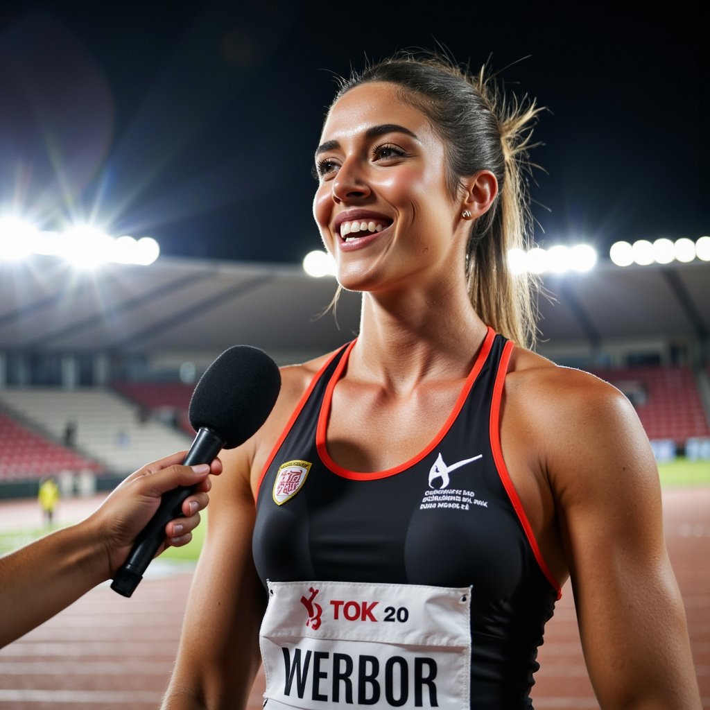 Headshot of a smiling athlete being interviewed trackside, race bib still pinned, hair messy from race, handheld mic visible — post-event celebration moment