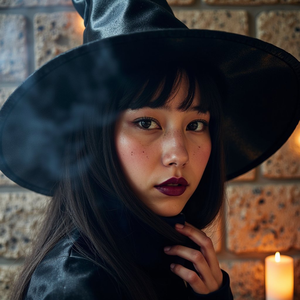 Gender: Female — Extreme close-up portrait of a witch-in-training; glossy black bob with blunt bangs tucked behind one ear, wisps of baby hair visible; skin texture shows fine pores, subtle peach fuzz, faint freckling over the nose; deep plum lipstick with micro-cracking; attire hints: charcoal felt witch hat edge and collar of matte velvet cloak with short pile and soft lint; camera angle eye-level, 85mm lens at f/1.8, ISO 200, 1/200s for shallow bokeh; lighting is moody Rembrandt with a cool blue moonlight rim from camera-left and a warm candle kicker from below; pose: chin slightly down, eyes up toward camera; background: blurred stone wall with faint spiderweb lines and a single out-of-focus candle—minimal clutter; highly detailed, highly realistic, HDR.