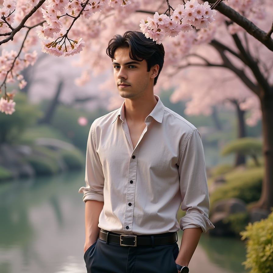 Man surrounded by gently falling sakura blossoms, wearing a casual yet elegant attire, gentle smile, soft focus, warm pastel hues, serene natural lighting, calm atmosphere, tranquil expression, standing in a serene Japanese garden, with a subtle mist in the background