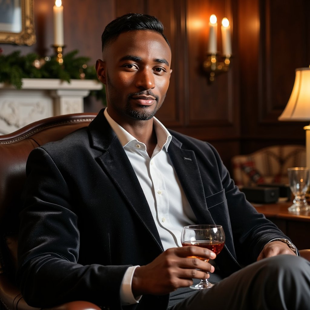 Man seated in a leather armchair holding a crystal glass of cognac, face turned toward a faint light source. Hairstyle: short, side-swept with soft sheen; neatly trimmed beard. Attire: charcoal velvet dinner jacket, crisp white shirt, no tie. Fabric details: velvet reflection on lapel edges, fine cotton weave on shirt. Camera: close portrait, 105mm, f/2.0 for cinematic intimacy. Lighting: single warm lamp key, soft shadow falloff; golden tones on skin. Background: blurred mahogany panels, faint fireplace glow, subtle garland reflection. Pose: relaxed yet composed, faint half-smile.
Render: highly detailed, highly realistic, HDR; reflections in glass, skin warmth from light, fine texture detail.