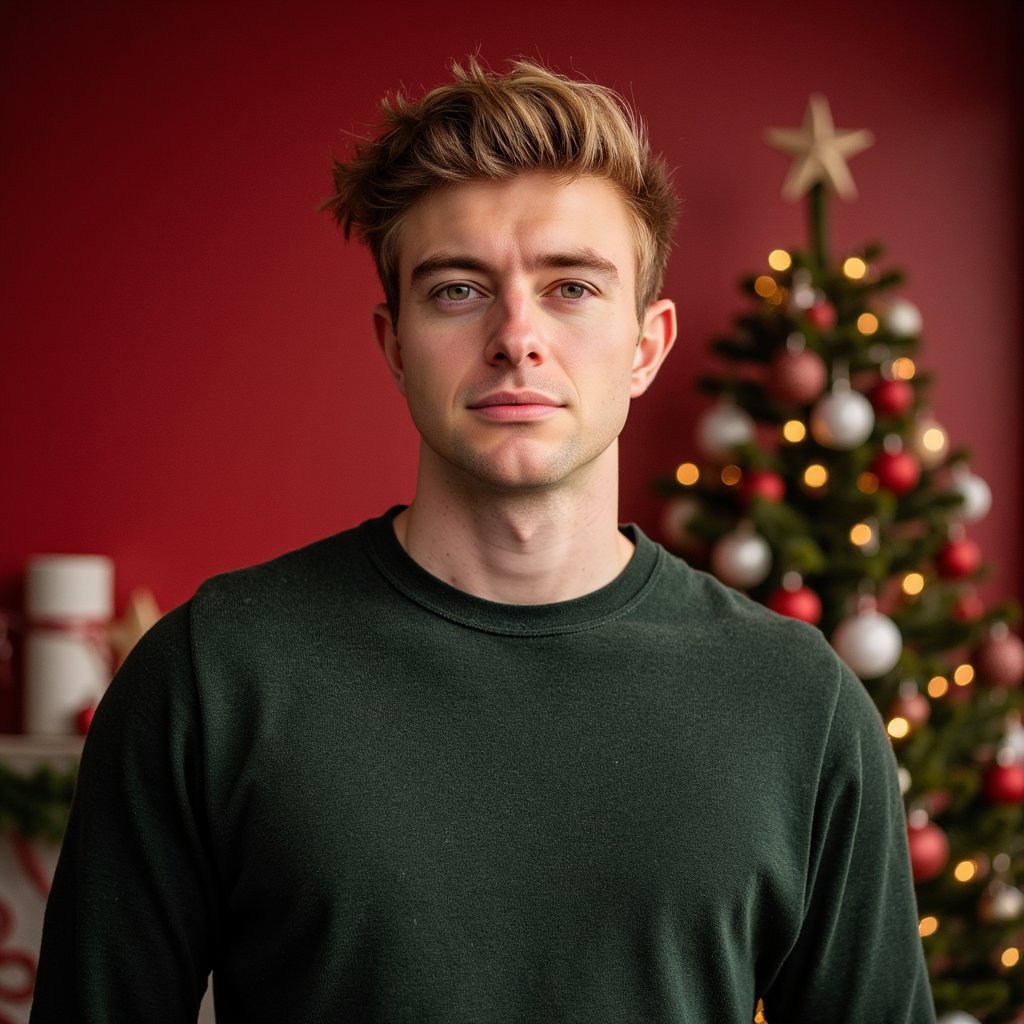 Headshot of a man in a modern photo studio with a matte red backdrop providing a bold Christmas theme. He faces the camera straight-on, expression confident but soft. He wears a dark forest-green cashmere crewneck, ribbed collar visible in detail.
Hair: short fade with neatly styled top; light stubble.
Lighting: classic studio beauty lighting — large softbox frontal key plus gentle kicker from camera-left; even skin illumination, soft shadows.
Background: smooth seamless red, no clutter; subtle gradient from light falloff.
Camera: 85mm f/2.2; highly detailed, highly realistic, HDR, showing crisp knit detail and natural skin texture.