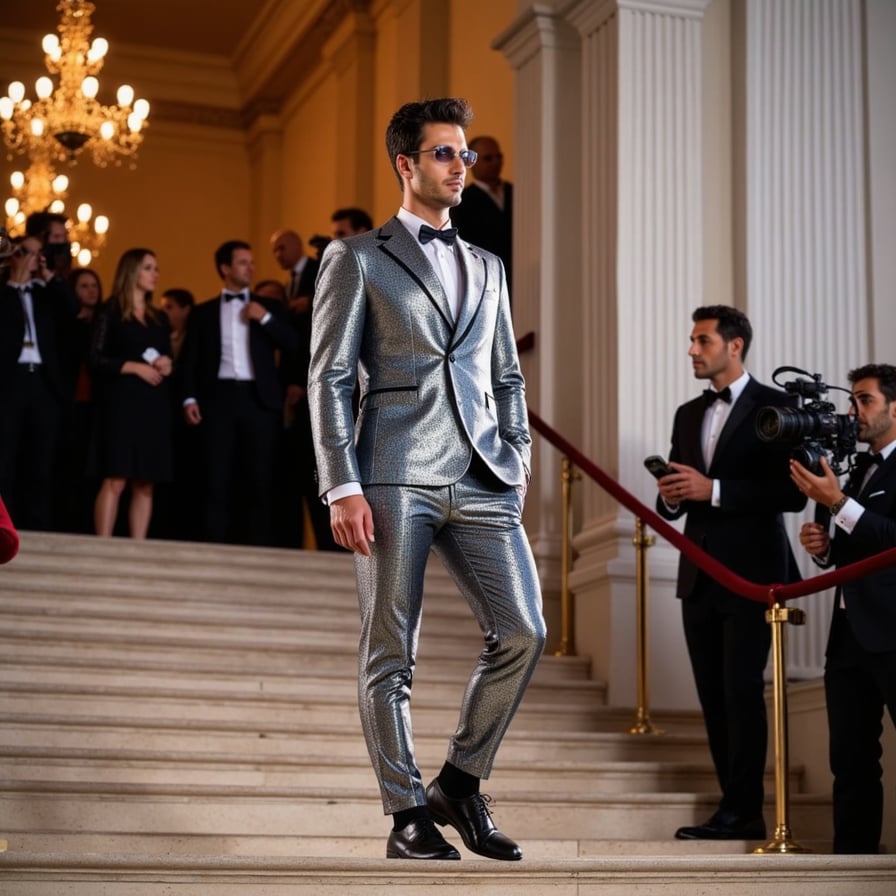 A sleek, tech-inspired Met Gala outfit: holographic trench coat, LED-lined lapels, and augmented reality glasses, styled with futuristic jewelry.