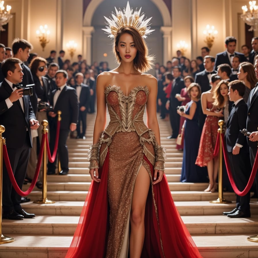 A Met Gala ensemble featuring a glass corset, liquid-metal skirt, and a glowing crystal crown — sci-fi royalty meets haute couture