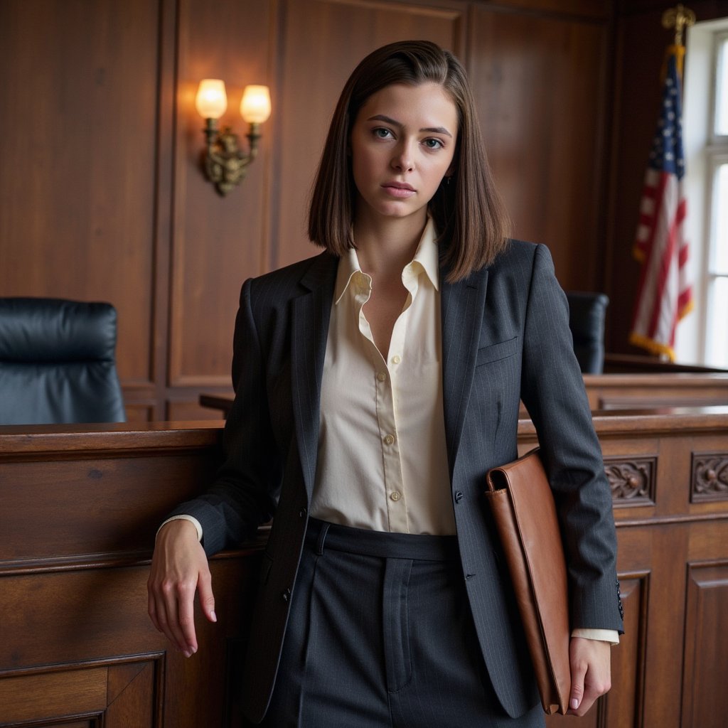 Highly detailed, highly realistic HDR portrait of a woman lawyer standing in a wood-paneled courtroom; charcoal tailored skirt suit with subtle pinstripes, cream silk blouse underneath; straight hair neatly tucked behind ears. Camera: 50mm lens, f/2.5, ISO 320, three-quarter body shot at slight upward angle for authority. Lighting: warm tungsten sconces creating rim light along hair, soft daylight from high window as key; realistic shadow falling on floor. Pose: holding a slim leather folder at her side, left hand resting on bench rail, confident assertive gaze toward camera. Background: softly blurred carved wooden judge’s bench and flags, minimal clutter.