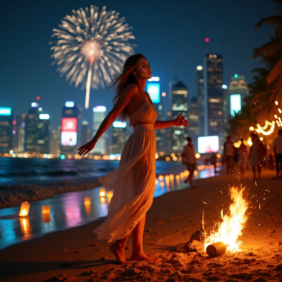 A joyful woman dancing barefoot on a beach under a starry sky, illuminated by glowing lanterns and a small bonfire, celebrating New Year's Eve with friends
