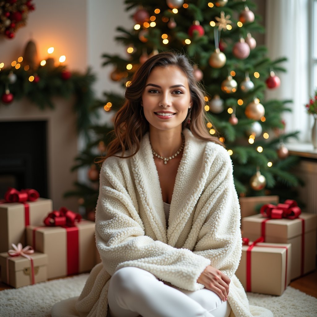 woman with a bright smile, wrapped in a cozy robe and slippers, sitting in front of a beautifully decorated Christmas tree, surrounded by gifts and ornaments, with a joyful atmosphere, early morning soft natural light, festive holiday decorations in the background.