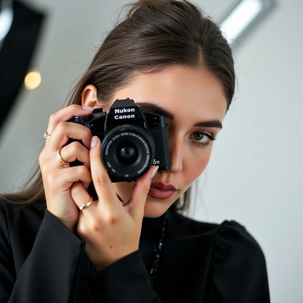 Bold close-up of a female photographer adjusting her lens, eyes focused, monochrome outfit, dramatic lighting setup, honoring World Photography Day creators