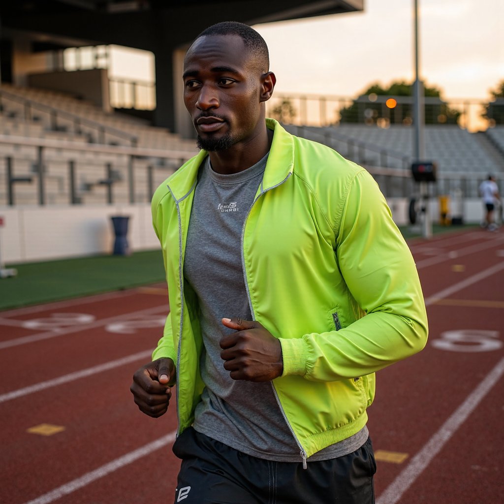 Man sprinting on a red tartan track at sunrise, breath visible in cool air; short fade haircut, slight stubble, intense forward focus; neon windbreaker half-unzipped over a compression tee, running tights layered with lightweight split shorts, knit mesh running shoes; dynamic panning shot at hip height to emphasize speed, 50mm, f/2.8, 1/60, ISO 200 with controlled subject sharpness and motion-blurred background; golden hour backlight with warm rim on shoulders and cool ambient fill from the sky; stadium bleachers and lane numbers softly blurred, minimal clutter; fabric wrinkles and reflective piping on windbreaker clearly rendered; highly detailed, highly realistic, HDR