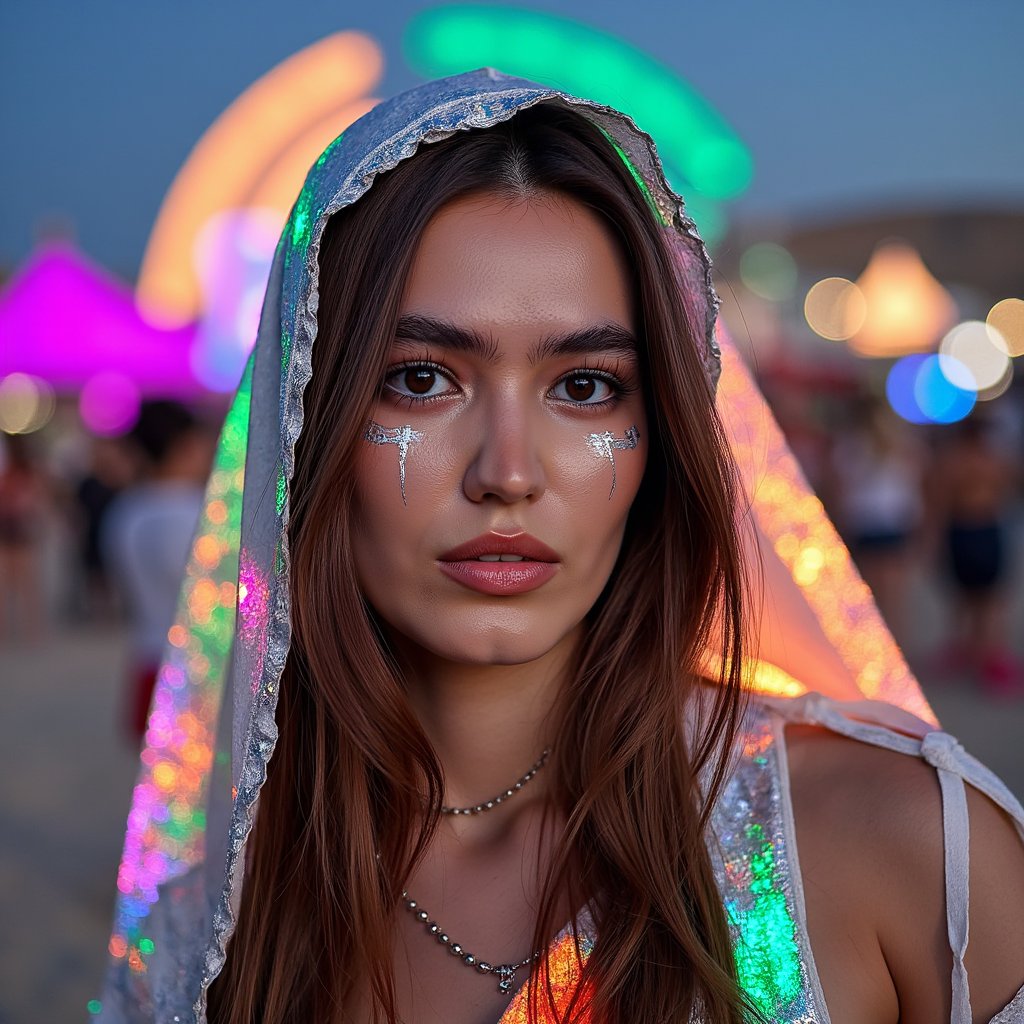 Headshot of a serene woman bathed in neon light, wearing a metallic hood and tribal markings, desert night ambiance, captured at Burning Man 2025
