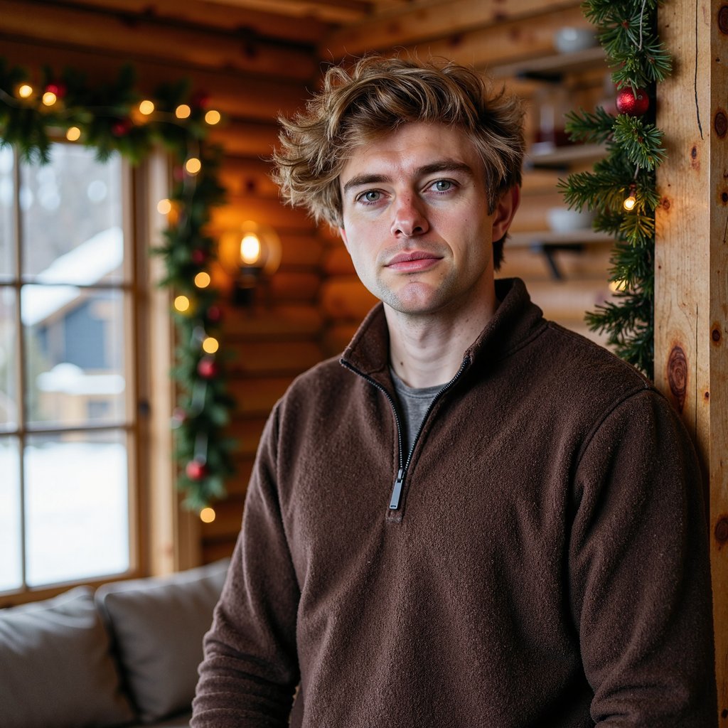 Waist-up portrait of a man inside a wooden cabin decked with subtle Christmas décor. He leans lightly against a wooden beam, hands relaxed at his sides, calm stillness. He wears a dark brown lambswool quarter-zip sweater with visible fiber fuzz, zipper glinting softly.
Hair: messy textured waves; short beard.
Lighting: warm cabin lantern light from camera-left, with a cooler outdoor window glow from behind for contrast.
Background: blurred cabin shelves with pine garland and a couple of minimal ornaments; clean, uncluttered, warm tones.
Camera: 70mm f/2, slight upward angle to add cabin grandeur; highly detailed, highly realistic, HDR showcasing wool texture and wood grain.