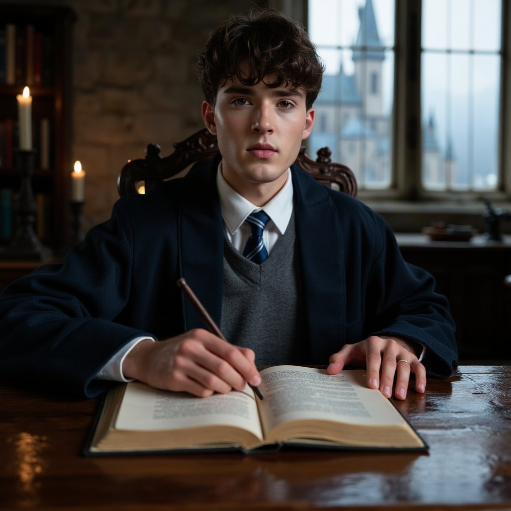 Ultra-detailed HDR seated portrait of a 17-year-old male Hogwarts student with light olive skin, clean-shaven face, and sharp cheekbones. Sleek dark hair pulled back into a short ponytail, neat sideburns framing ears. Wearing a deep-navy wool robe with silver-blue trim, crisp white cotton shirt, and perfectly knotted blue-striped tie. Pose: seated upright at a carved oak desk, left hand resting on an open leather-bound book, right hand poised with a quill mid-note, gaze fixed attentively toward an unseen professor. Camera: Leica SL2, 50mm f/2 prime, aperture f/2, camera placed at eye level directly across desk for intimate framing. Lighting: cool moonlight (5600K) streaming through tall arched window behind camera, supplemented by warm candlelight (3000K) from desk lamp casting golden glow on book and hands. Background: blurred Ravenclaw Tower stone wall with faint shadow of an arched bookshelf, minimal clutter for academic focus.
