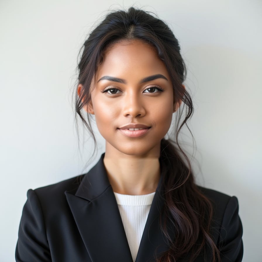 A passport-size photo of a person wearing traditional formal attire, with a neutral expression. The background is plain white, even lighting is used to eliminate shadows. The person is centered and looking directly at the camera