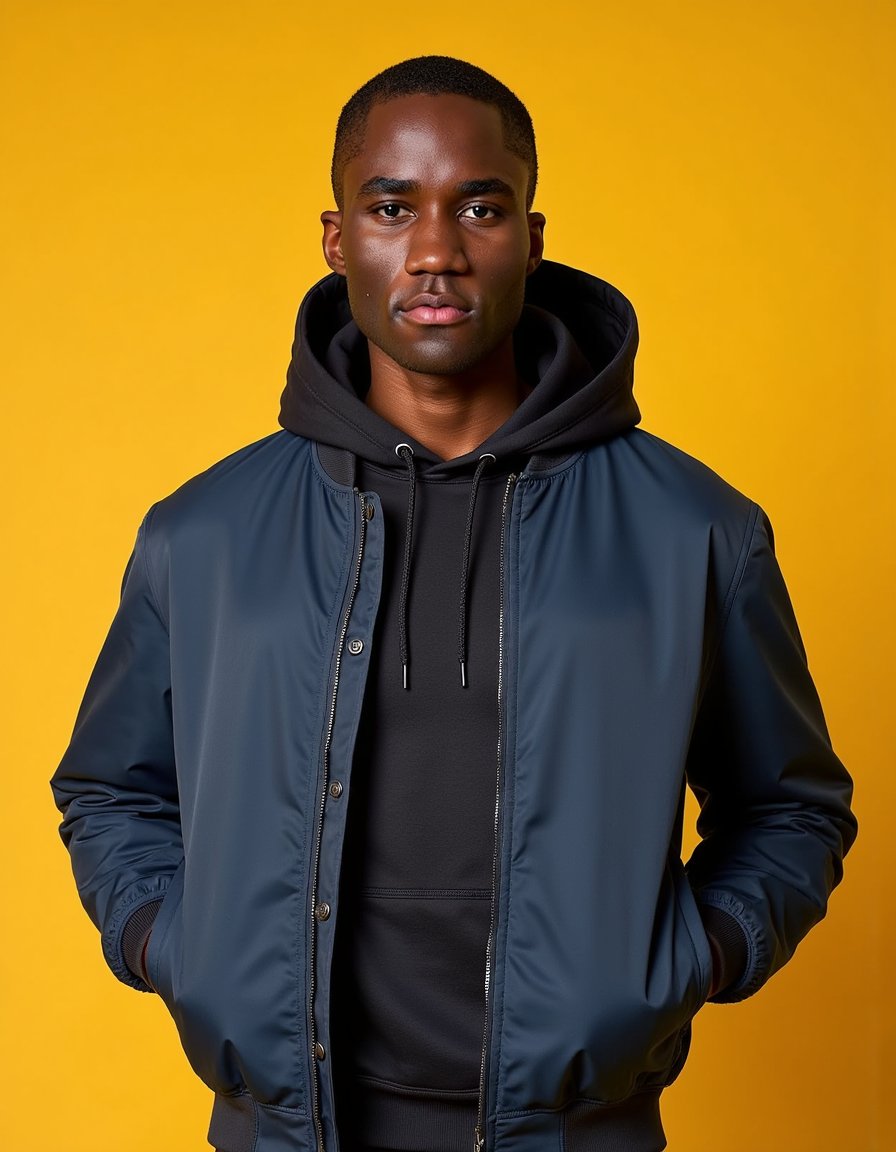 Chest-up portrait of a casual young man wearing a navy bomber jacket and black hoodie underneath. Background: vivid solid yellow. Direct frontal pose, neutral expression. Soft shadows from balanced studio lights, with skin tone accuracy preserved. Sharp edges, minimal bokeh.