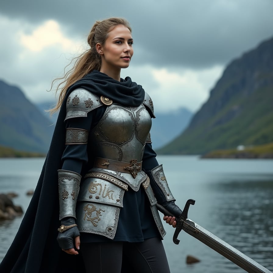 woman in medieval warrior attire, wielding a sword with confidence and strength, posed against a dramatic, stormy sky backdrop