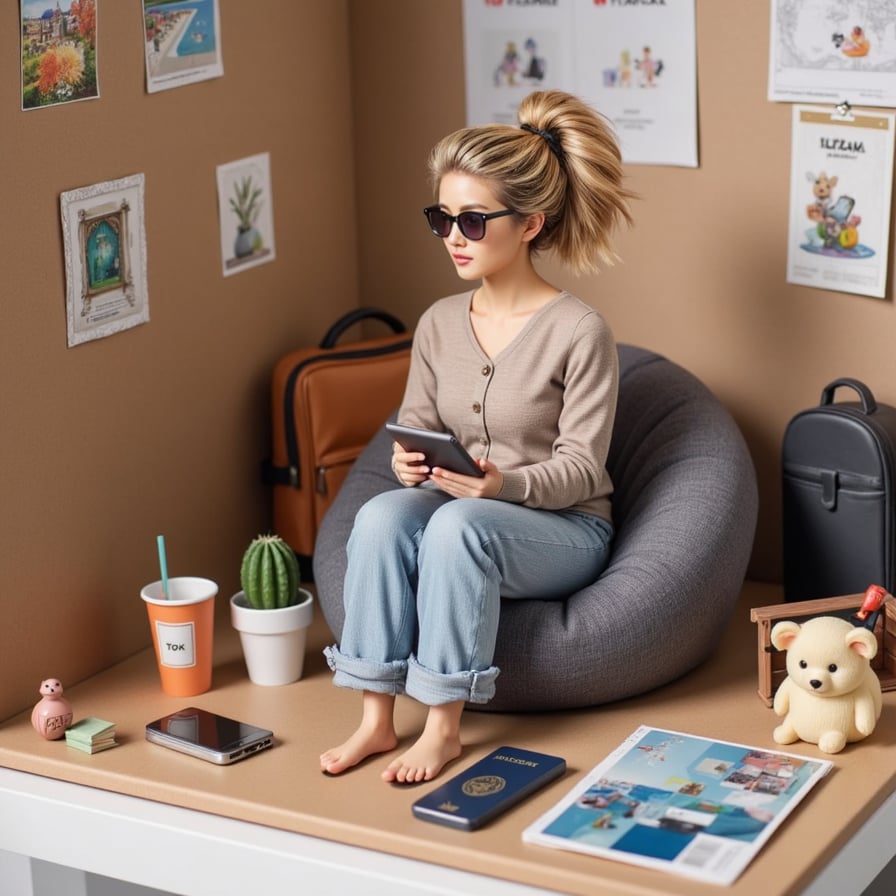 A woman with messy bun and sunglasses, seated on a tiny bean bag with a travel backpack, laptop, smartphone, and passport. Background: mini postcards, world map, power bank.