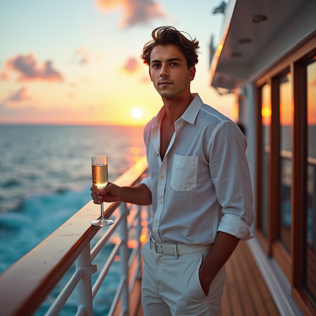 Linen-clad man on cruise, champagne, sunset, relaxed vibes.